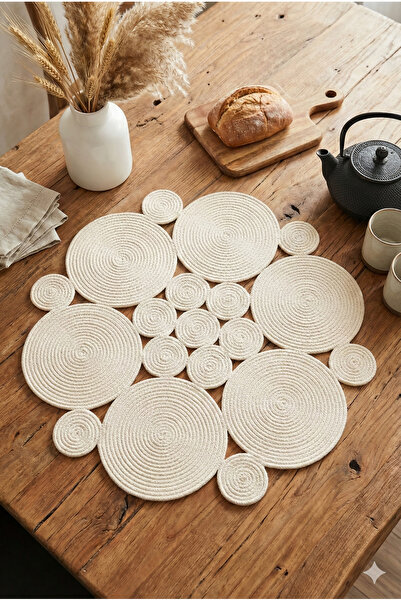 Homever Roundy Ekru Yıkanabilir Pamuk Hasır Halat Salon Sehpa Mutfak Masa Ört...