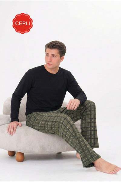 Pijamasoft طقم بيجامة رجالي من القطن المحبوك بأكمام طويلة وجيوب باللون الأسود...