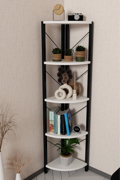 alpaevmobilya 150 cm 5 Raflı Metal Köşe Kitaplık - Salon Dekoratif Çiçeklik v...