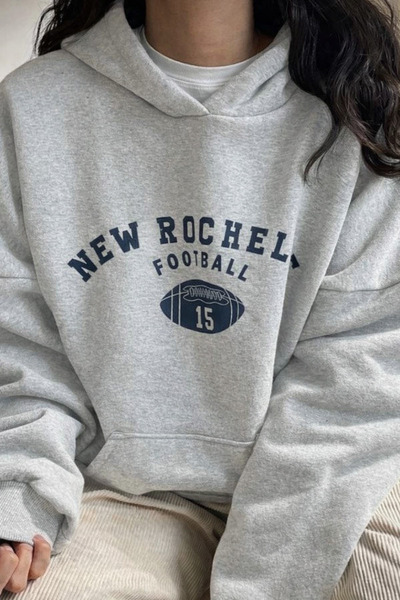 BYMEER سويت شيرت بغطاء للرأس مقاس كبير مطبوع عليه New Rochelle باللون الرمادي