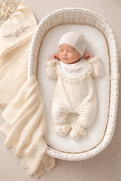 Mert Baby Çiçek Nakışlı Kadife 5'li Organik Hastane Çıkış Seti %100 Pamuk Yen...