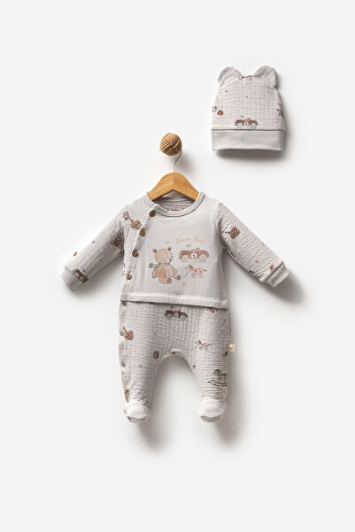 100% ORGANIC COTTON RIDER BEAR BABY BOY HAT ROMPER WITH BOOTEES