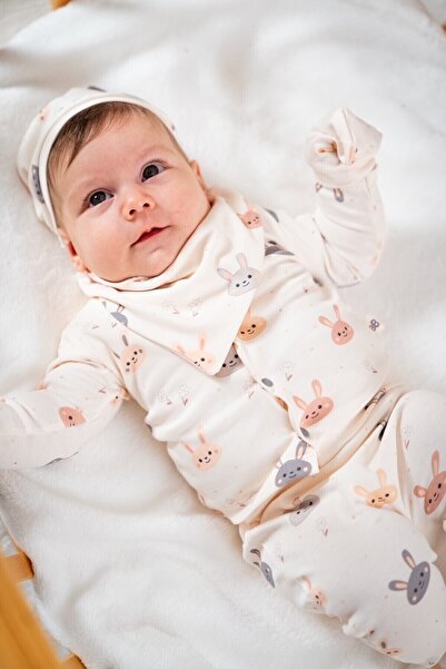 Bubbles Unisex Sevimli Tavşan Desenli Natural 5li Hastane Çıkışı Zıbın Seti