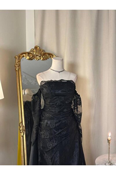 vanus fashion 6156- فستان أسود ملكي بتفاصيل فاخرة