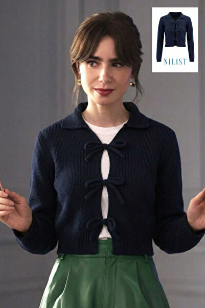 NİLİST Cotton Crop Polo Neck Lace-Up Ribbon Detailed Navy Blue Knitwear