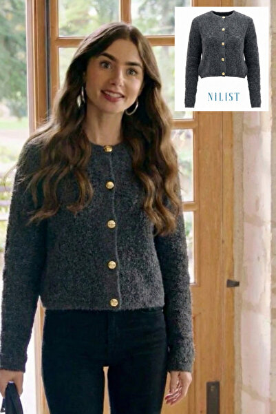 NİLİST Front Gold Button Detailed Towel Fabric Dark Gray Smoked Knitwear