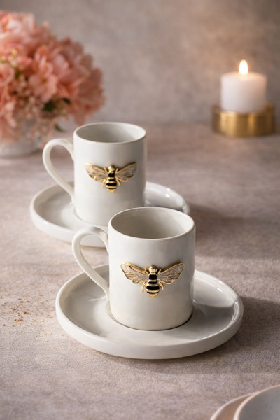 YzHome طقم فناجين قهوة من البورسلين الأبيض مكون من شخصين