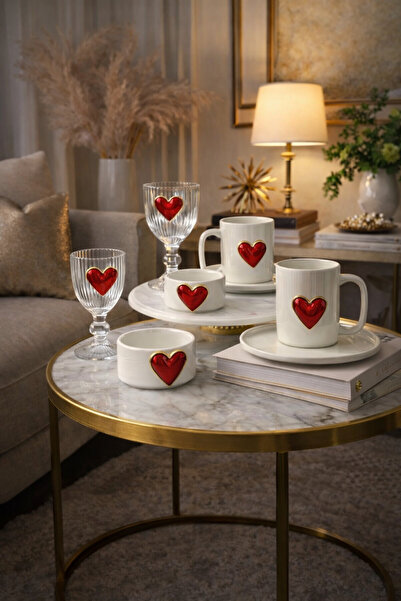 YzHome 2 Kişilik Porselen Kalpli Fincan Takımı Seti ve 2 Adet Porselen Kalp L...