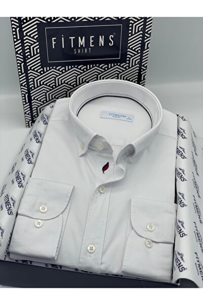 Fitmens قميص رجالي بقصة ضيقة وأكمام طويلة من قماش الغبردين القابل للغسل مع عل...