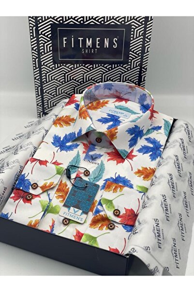 Fitmens قميص برتقالي بطباعة أوراق رقمية بأكمام طويلة وقصة ضيقة FS-003235 - بر...