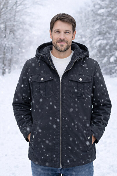 DYNAMO Men's Black Large Size Hooded Fur Lined Waterproof Coat