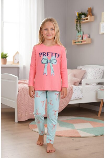 vitmo طقم بيجامة بناتي بأكمام طويلة مصنوع من القطن بنسبة 100%، بفيونكة جميلة