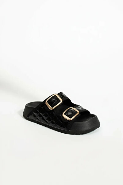 Sivarro Quilted Buckle Women's Indoor Outdoor Slippers - Shiny Black