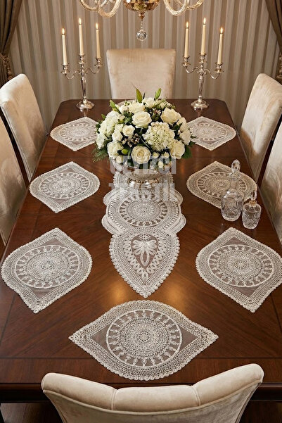 Çt Çeyizci Tekstil Amerikan Servis, 1 Runner 6 Supla Krem Yemek Servis Takımı...