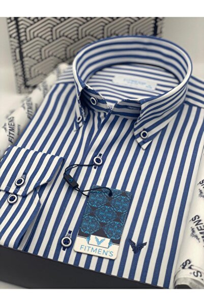 Fitmens Slim Fit Uzun Kol Likralı Çizgili Yaka Düğmeli Hediye Kutulu Erkek Gö...