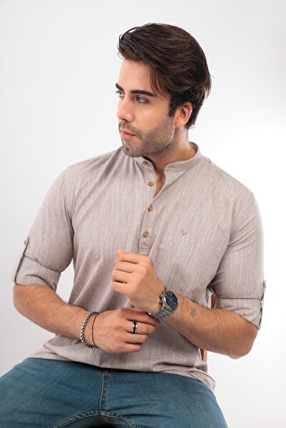 Fitmens Slim Fit Long Sleeve Court Collar Half Placket Men's Shirt with Gift ...