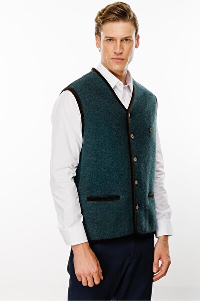 Desen Triko سترة صوفية خضراء للرجال - رقبة على شكل حرف V وبطانة منقوشة