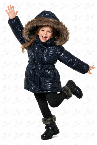 bebegen Girl's Navy Blue Shiny Feathered Hat Belted Coat