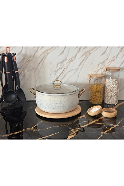 Protef 26 cm derin granit güveç tencere gold kulp beyaz
