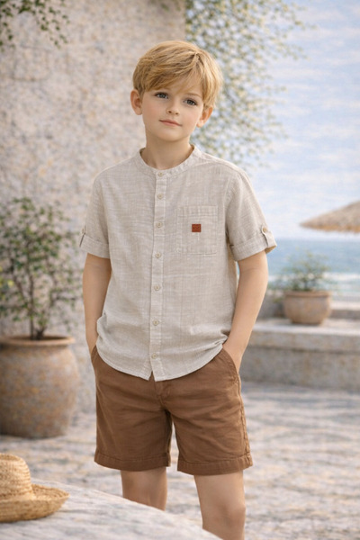 NANİCA قميص للأولاد باللون البيج بياقة حكيم وأكمام قصيرة، من عمر 1 إلى 5 سنوات