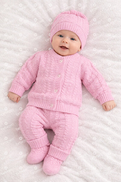 bebegen Pink Winter Beanie and Gloves Knitwear Baby Set (0-6 Months)