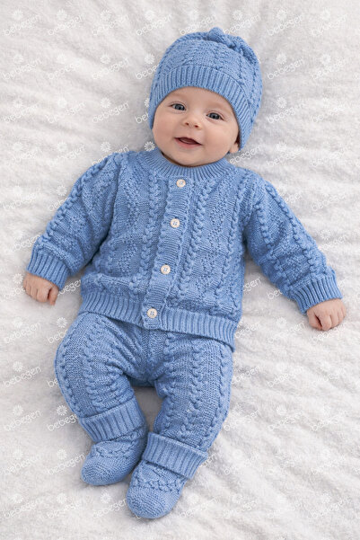 bebegen Blue Winter Beanie and Gloves Knitwear Baby Set (0-6 Months)