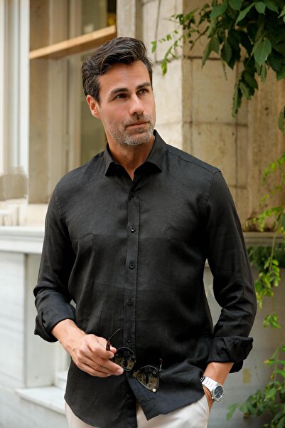 Fitmens قميص رجالي بقصة ضيقة وأكمام طويلة مصنوع من نسيج الكتان بنسبة 100% يسم...