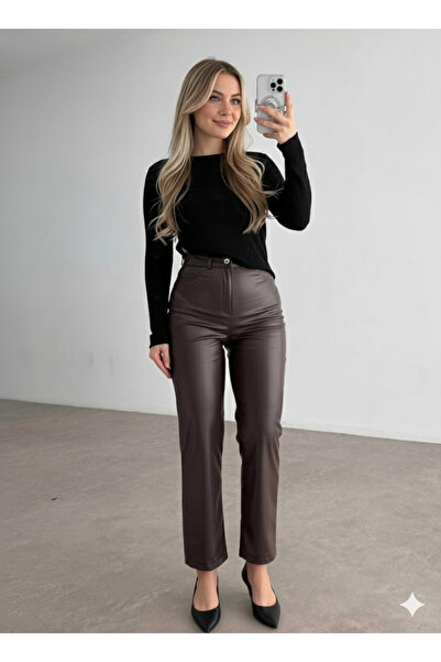 Hilals Butik Mng Model Bilek Boy Koyu Kahve Deri Şardonlu Pantolon