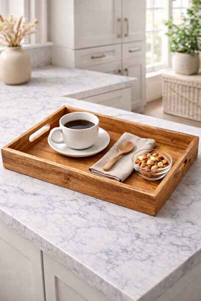 YzHome Küçük Boy Akasya Lüx Çay Kahve Servis Sunum Tepsisi Servis 35*25cm