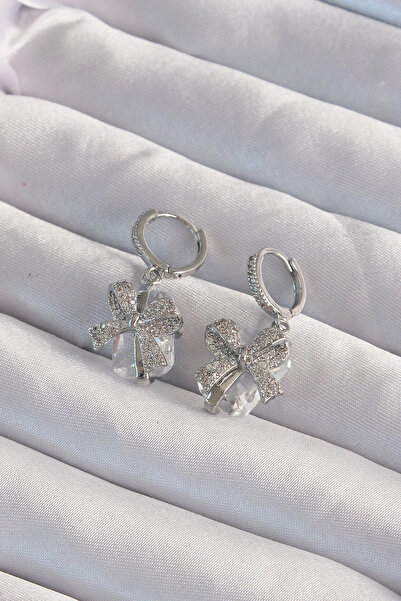 shopwave Brass Silver Color Large Zircon Stone Bow Model Hoop Earrings