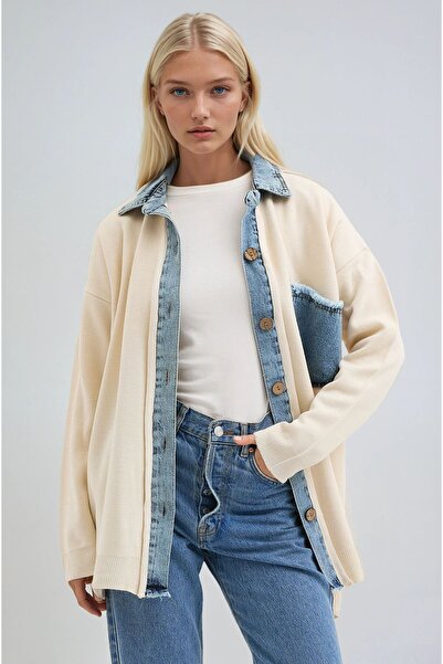 Lijuri كريم دينيم بقطع قماش مخيطة معاً كارديجان مريح 5195