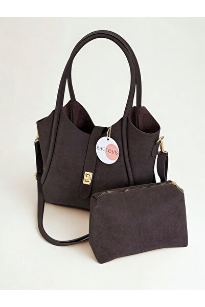 BAGLOVİS Puppy Bag with Extra Front Lock Detail Suede Brown Women's Shoulder ...