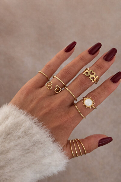 Miliva Gold Yüzük Set | 10 Adet Yüzük | 10'lu Yüzük Kombin | Numarasız Yüzük