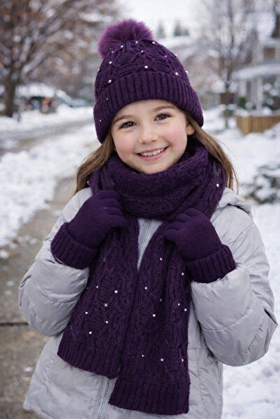 Monkabox 4-8 yaş kız incili içi polar atkı bere eldiven seti