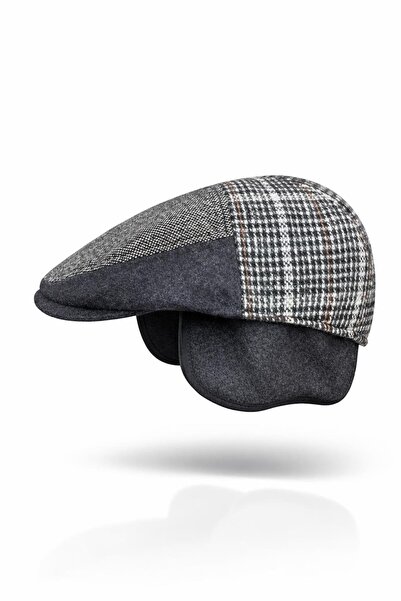 Külah Patchwork Kışlık Yün İngiliz Kasket - Katlanır Sherpa Kulaklı Şapka