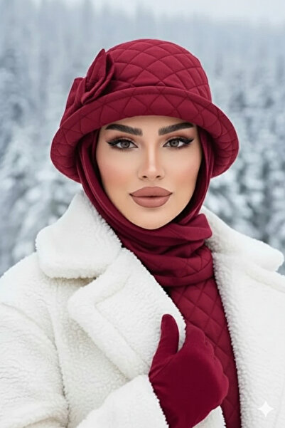 Aişe tesettür Bordo Aksesuarlı Vintage Atkılı Şapka