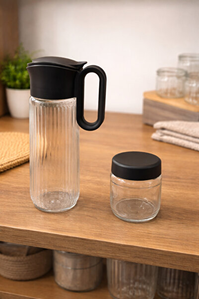 abenim Siyah Renk 1500 ml Cam Gravürlü Sürahi ve Kavanoz İkili