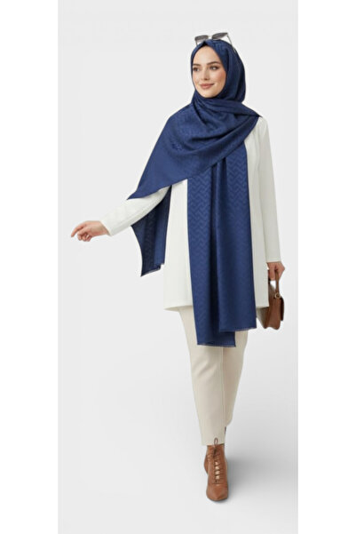 Gül İpek Moda Women's Silky Jacquard Waterway Patterned Stylish Shawl Navy Blue