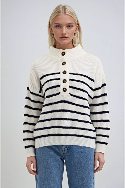 Lijuri Mock Neck Knitwear Sweater with Stripe and Button Detail 1393