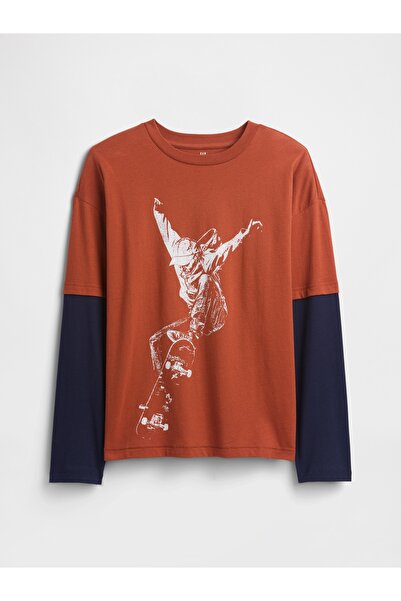 GAP Erkek Çocuk Kırmızı Relaxed Grafik Baskılı T-Shirt