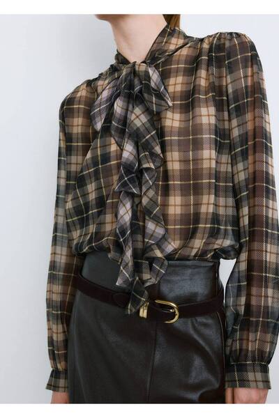 MANGO Woman Volanlı kareli bluz