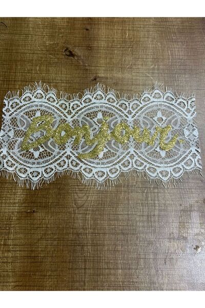 Gönülden Tasarım 30x16 cm gipure natpis "Bonjour" šiveni grb aplikacija