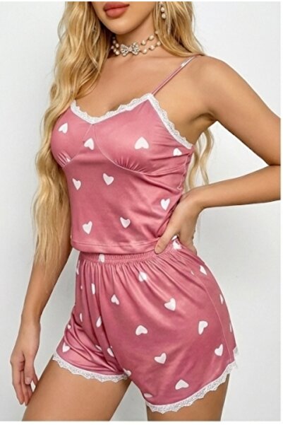 Modaley Giyim Women's Dusty Rose Heart Patterned Lace Strap Shorts Pajama Set