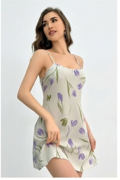 Modaley Giyim Women's lilac floral print cotton nightgown with straps