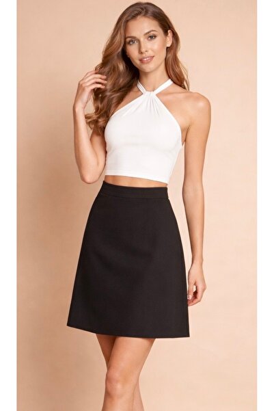 Kahra Collection Черна пола с висока талия, леко еластична, до коляното, от к...