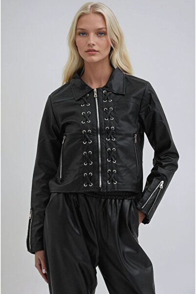 Lijuri Front stitch detailed crop leather jacket 7108