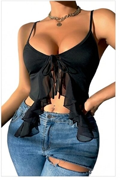 Modaley Giyim Top bustieră din șifon cu volane și șnur negru pentru femei
