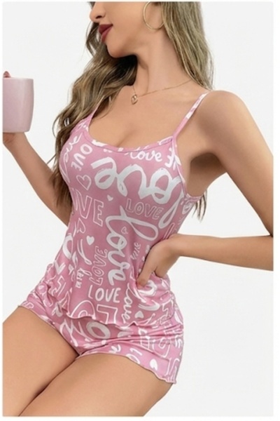 Modaley Giyim Women's pink love patterned pajama set with strappy shorts