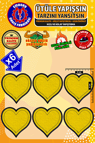 Embory Iron-On Embroidery Patch, Yellow Heart (6 Pcs) Iron-On Embroidery Wove...