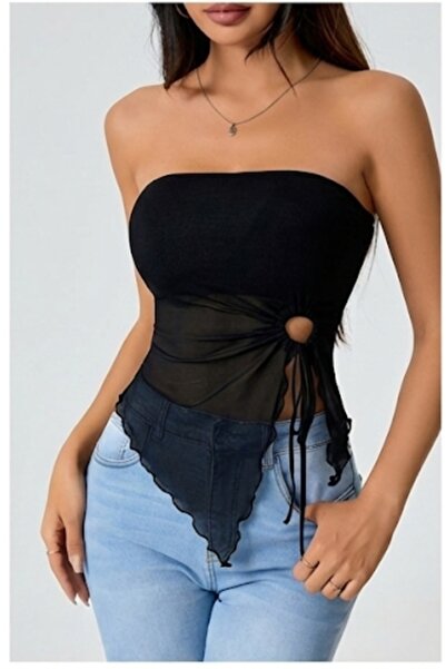 SİERNA Women's Black Strapless See-Through Bustier Top